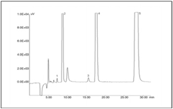 Chromatogram of a standard mixture of 10 anions.<br /> Peaks: 1 = fluoride (f, 2 ppm), 2 = chlorite (ClO2, 1 ppm), 3 = bromate (BrO3, 1 ppm), 4 = chloride (Cl, 10 ppm), 5 = nitrite (NO2, 5 ppm),<br /> 6 = bromide (Br, 10 ppm), 7 = chlorate (ClO3, 1 ppm), 8 = nitrate (NO3, 30 ppm), 9 = phosphate (PO43, 15 ppm),<br /> 10 = sulfate (SO42, 40 ppm) Chromatographic conditions: column = Shodex IC SI-52 4E (4.6 mm ID x 250 mm L);<br /> column temperature = 45'C; mobile phase = 3.6 mM Na2CO3; flow rate=0.8 mL/min; injection volume=50 µL.