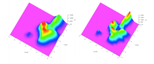 Raman imaging of a TiO2 particle on a silicon substrate (Intensity profile of the TiO2 peak height) (left; by ordinary confocal system (‘a’ of Figure 5), right; the JASCO DSF system (‘b’ of Figure 5)