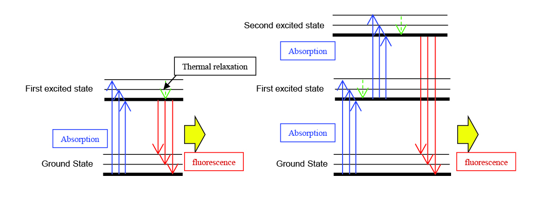 Energy diagram of conventional fluorescence (left) and up-conversion fluorescence (right).
