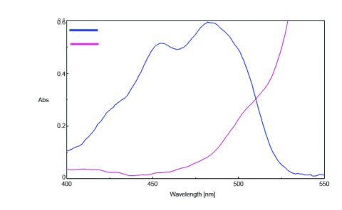Absorption spectra of fluorescein (blue) and rhodamine B (purple).