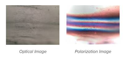 Unpolarized (left) and Polarized view (right) of a polymer sample.